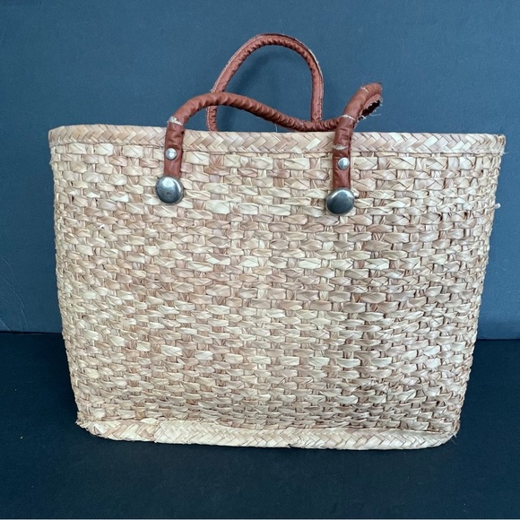 Vintage Rattan Large Beach Bag Woven Utility Grocery Reusable Book Bag Travel - Picture 7 of 10
